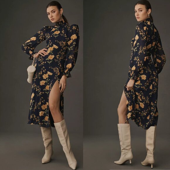 Reformation Navy and Yellow Floral Midi Dress - Picture 1 of 9